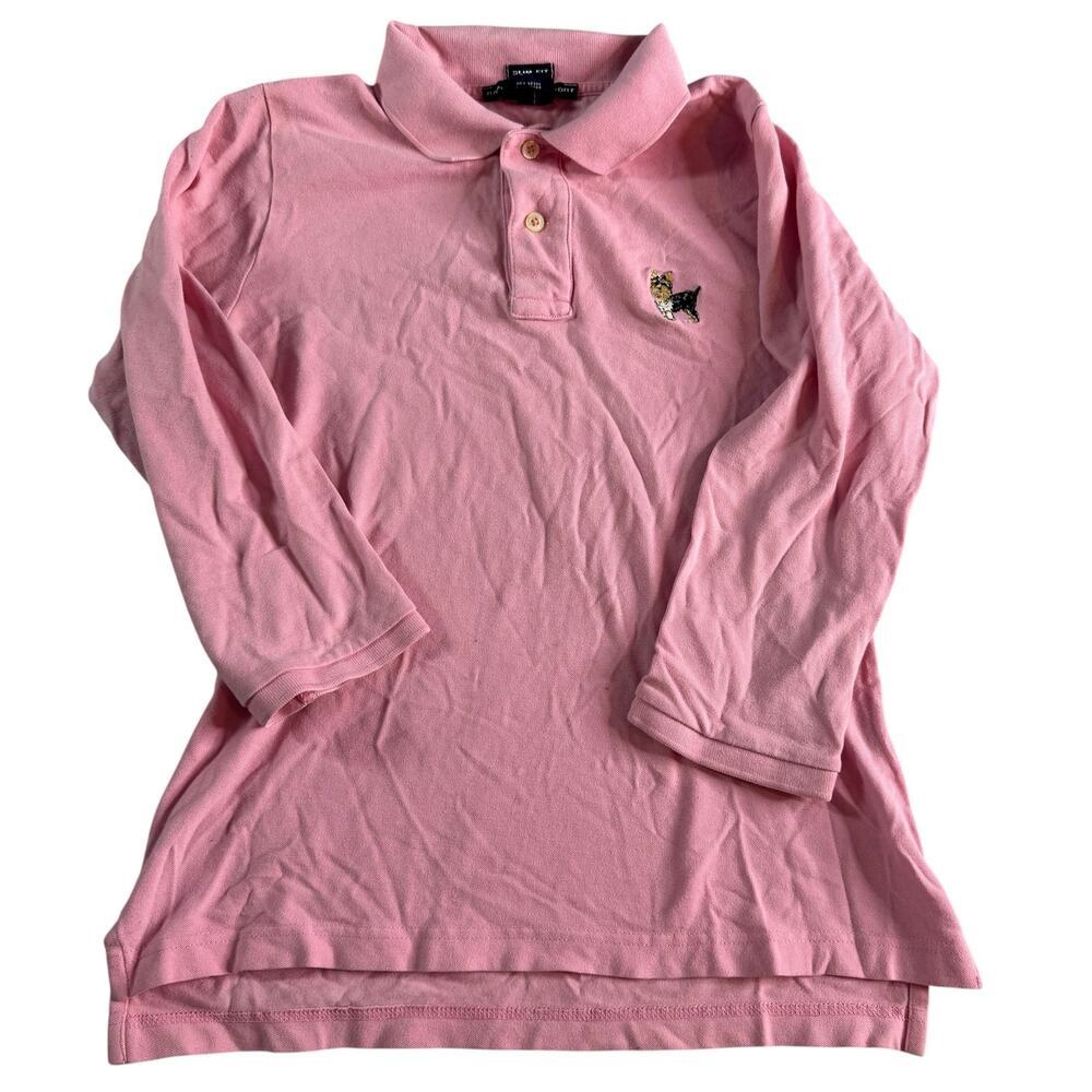 Ralph Lauren Sport Girls Medium Pink Polo Shirt Dog Patch 3/4 Sleeve Preppy